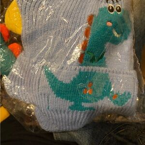 Blue Dinosaur Knit Kids Hat with gloves matching